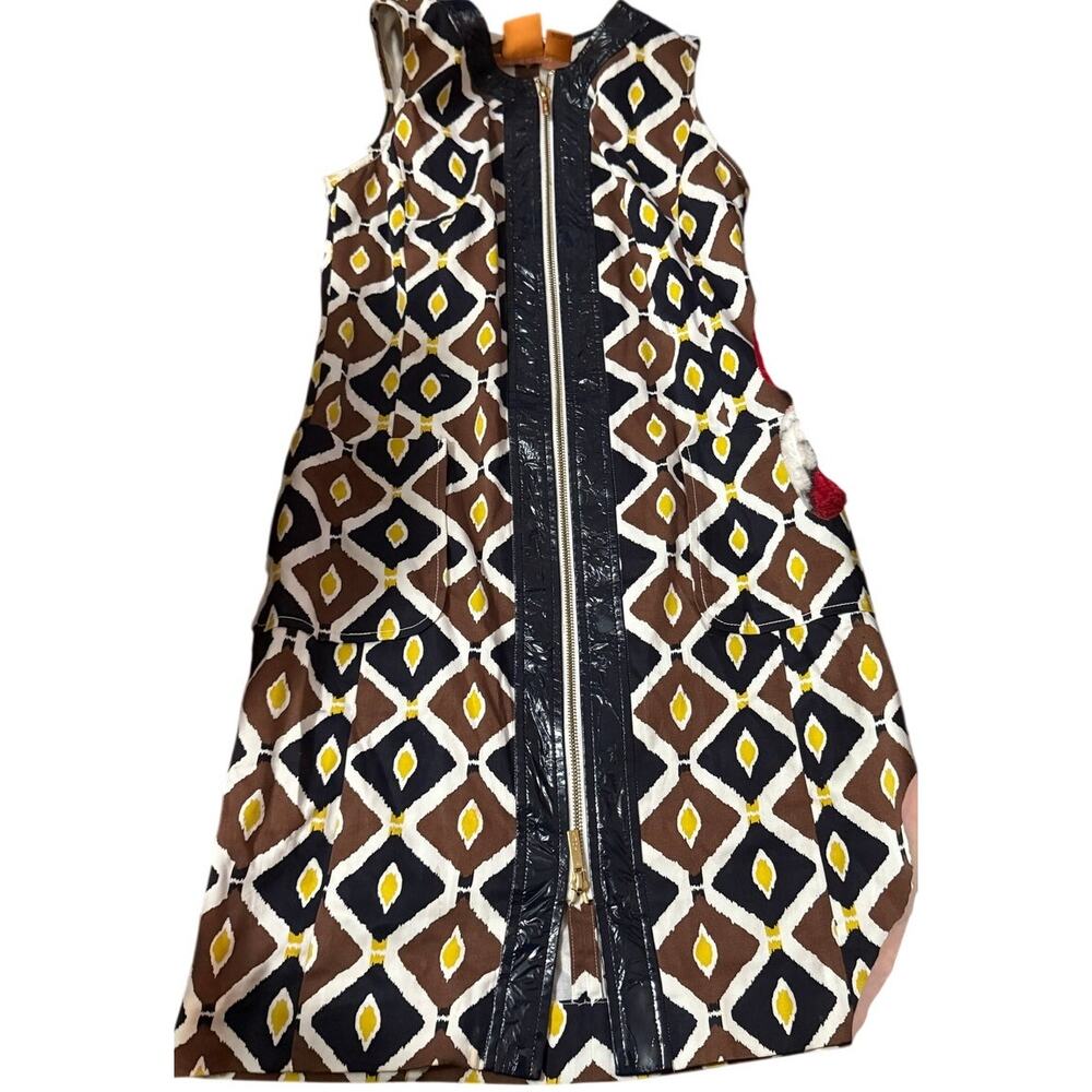 Tory Burch Brown Black White Yellow Geometric Zip-Front Midi Dress